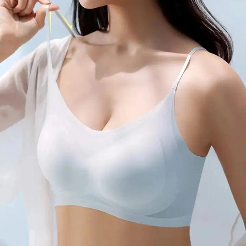 Ultra-thin Ice Silk Padded Bra Seamless Underwear Women's Thin Section Sling Beautiful Back Vest Tops Big Chest Small Sleep Bra - Alfirema Store