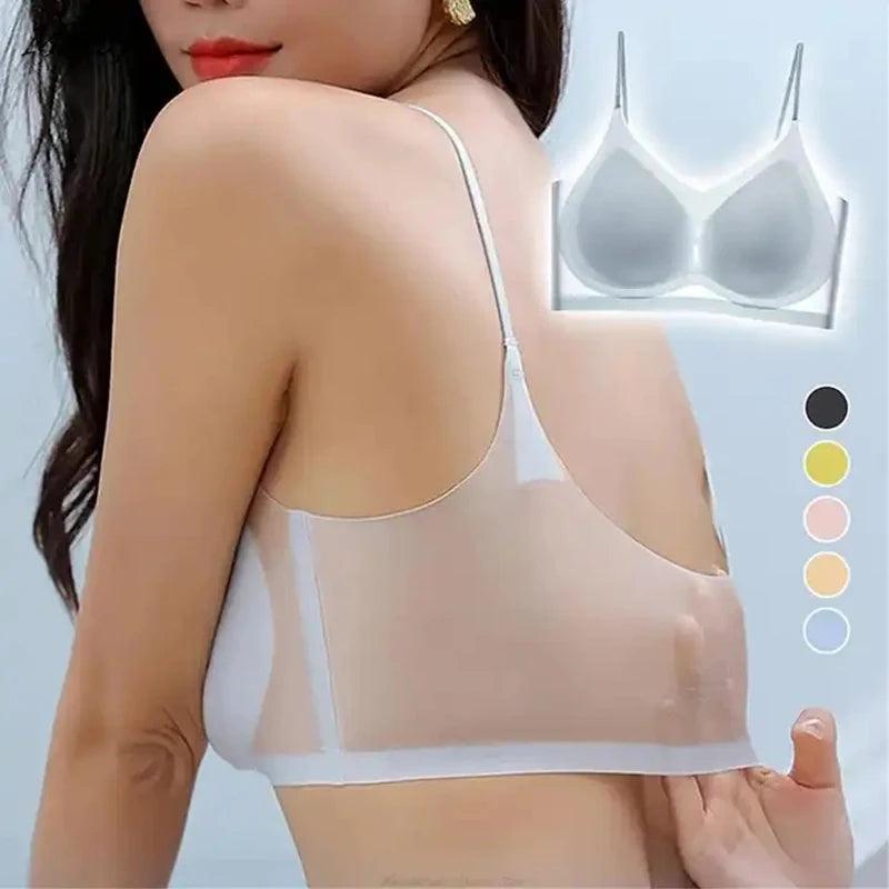 Ultra-thin Ice Silk Padded Bra Seamless Underwear Women's Thin Section Sling Beautiful Back Vest Tops Big Chest Small Sleep Bra - Alfirema Store