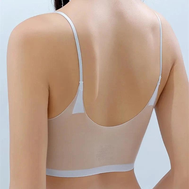 Ultra-thin Ice Silk Padded Bra Seamless Underwear Women's Thin Section Sling Beautiful Back Vest Tops Big Chest Small Sleep Bra - Alfirema Store